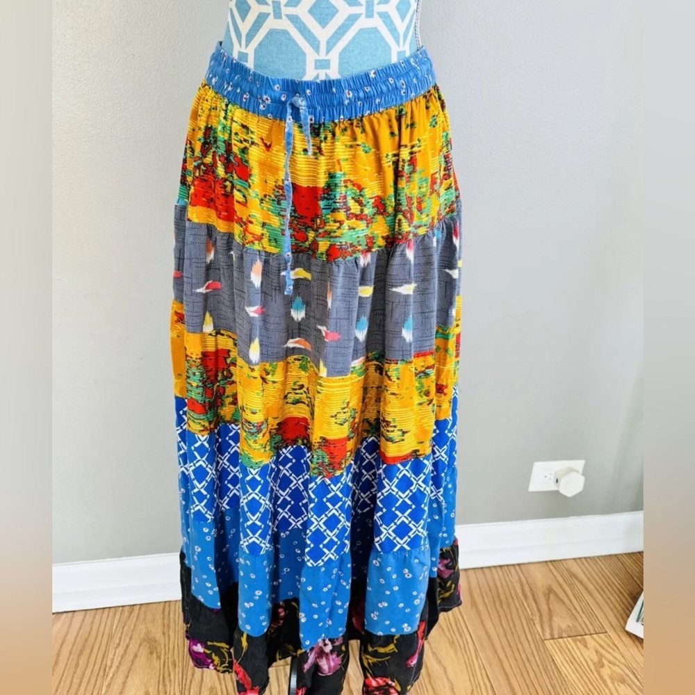 SACRED THREADS boho funky hippie patch rayon maxi tiered SKIRT OS